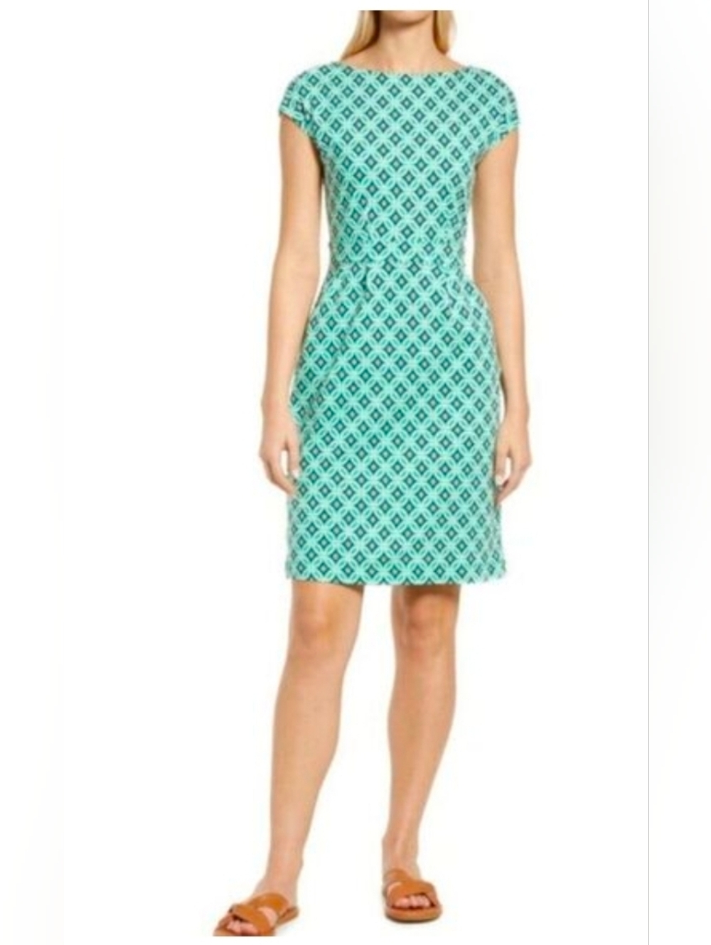 Boden Aqua Geometric Cap-Sleeve Jersey Dress - Size 16/18L
